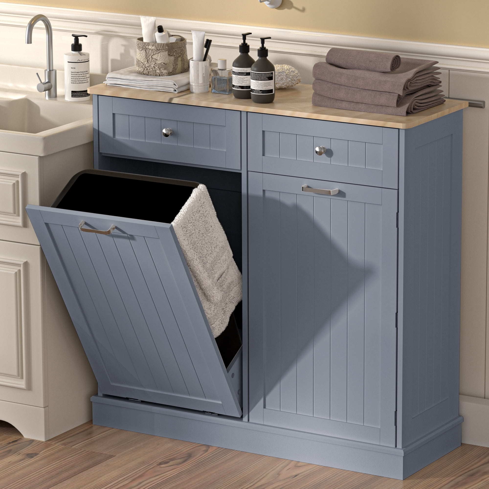 HARIPUL Single Tilt Out Trash Cabinet 13 Gallon Waste Bins Hidden Trash Bin w/ Shelf for Kitchen, Blue