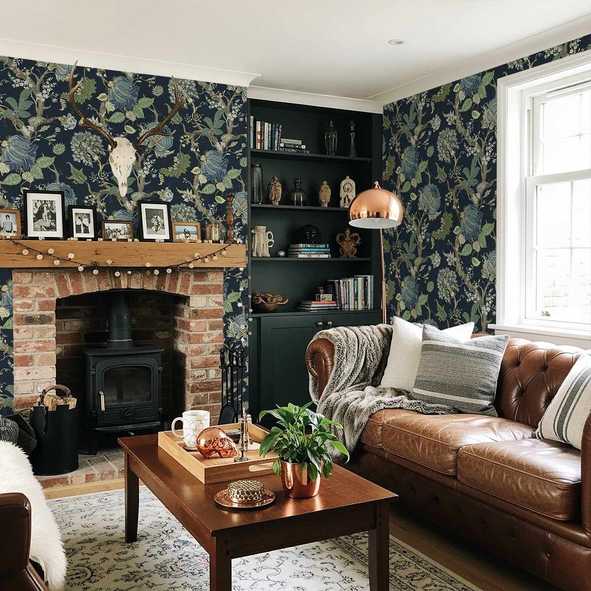 Harry & Grace Midnight Blue & Greenery Jacobean Trail Premium Matte Non-Woven Peel and Stick Wallpaper - 20.5 in. W x 18 ft. L Roll