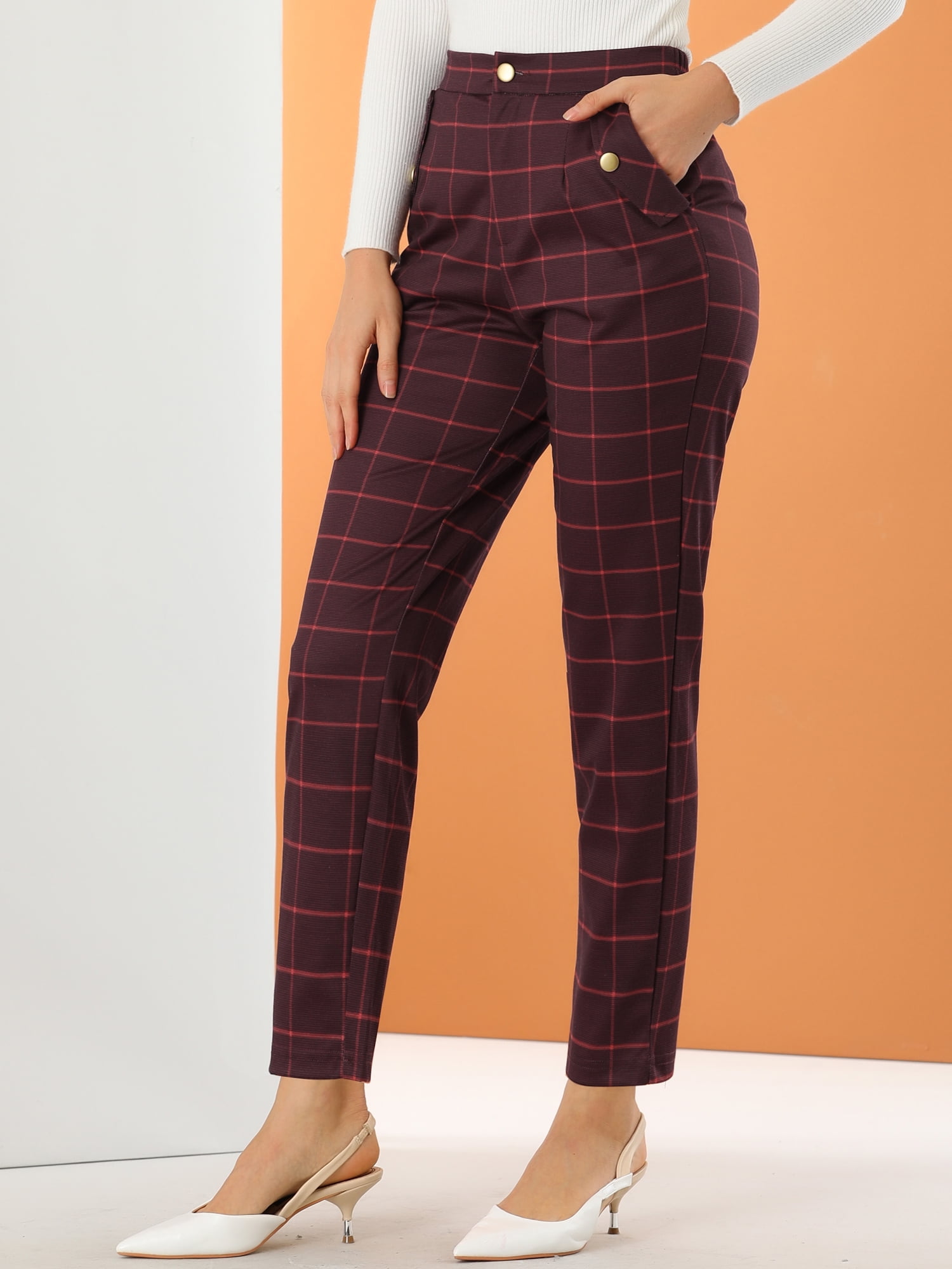 DARING DIVA Women's Tartan Plaid Pants Elastic Waist Straight Trousers XL Burgundy
