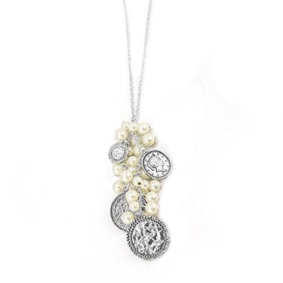 Vintage Style Pearl and Coin Charm Long Necklace 34 Inch Silver Tone Jewelry Necklace Silver