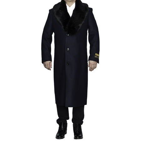 Alberto Nardoni Navy Blue Wool Blend With Removable Fur Collar Luxury Overcoat Topcoat Full Length
