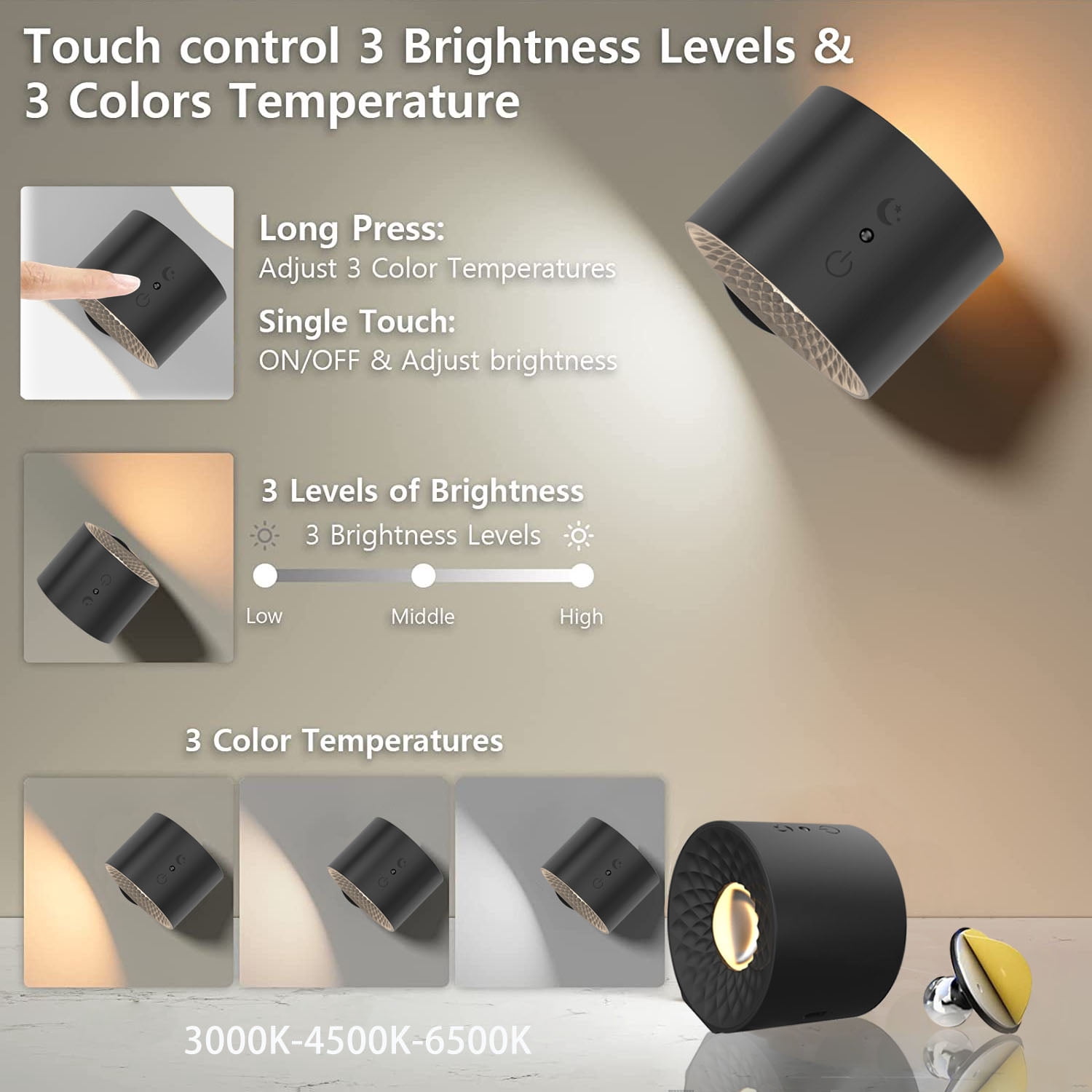 LED Wall Mounted Lights 2 Pcs with Remote, Wall Sconces Lamp 2000mAh Rechargeable Battery Operated, 3 Color Temperatures & Dimmable Magnetic 360° Rotation Cordless Light for Bedroom Bedside