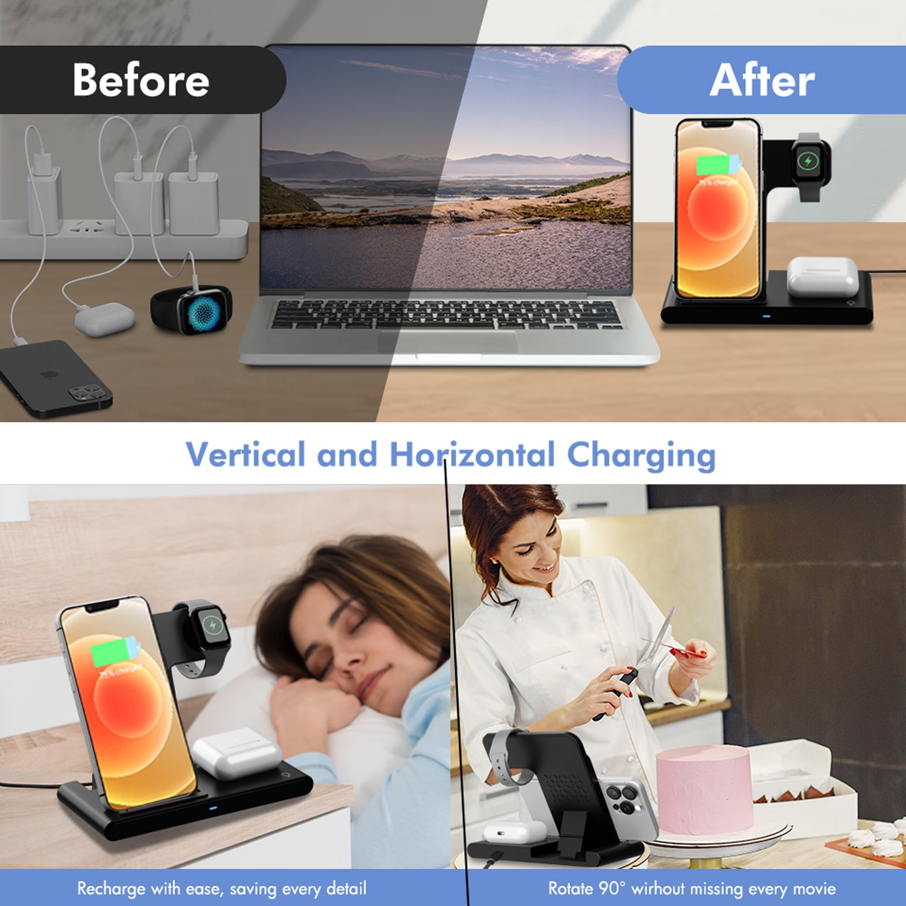 Wireless Charging Stand for iPhone 17 to 8 Series, Wireless Charger Phone Charger Holder Compatible with Apple Watch, for AirPods 4 3 2 Pro, 3 in 1 Fast Charger Stand(Black)