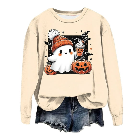 guuuGxd Sweatshirt for Women Halloween Long Sleeve Crewneck Ghosts/Pumpkin Pullover Tunic Tops Lightweight Fall Sweater Beige,XXL