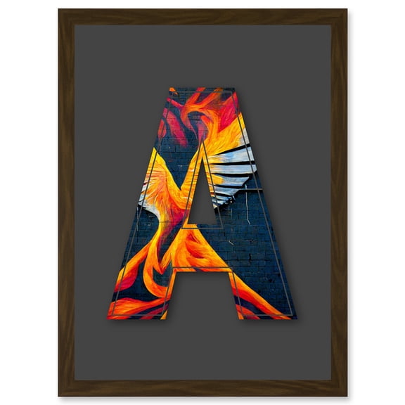 Letter A Phoenix Rising Orange Decorative Graffiti Mural Alphabet Initial Stencil Artwork Framed Wall Art Print A4