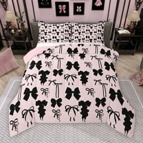 Manfei Girly Pink Ribbon Bedding Comforter Set for Kids, Kawaii Cartoon Bow-tie Twin Comforter Sets, Princess Bowknot Style Reversible Bedding Set, Luxury Bedroom Decor, 2pcs