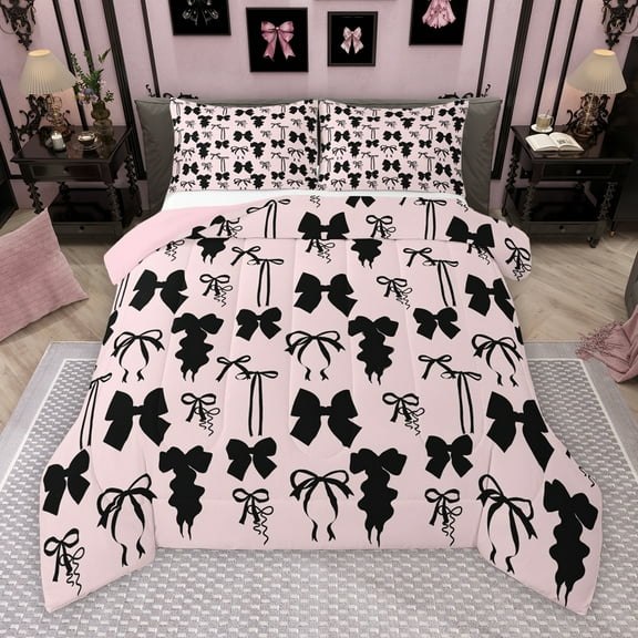 Manfei Girly Pink Ribbon Bedding Comforter Set for Kids, Kawaii Cartoon Bow-tie Twin Comforter Sets, Princess Bowknot Style Reversible Bedding Set, Luxury Bedroom Decor, 2pcs