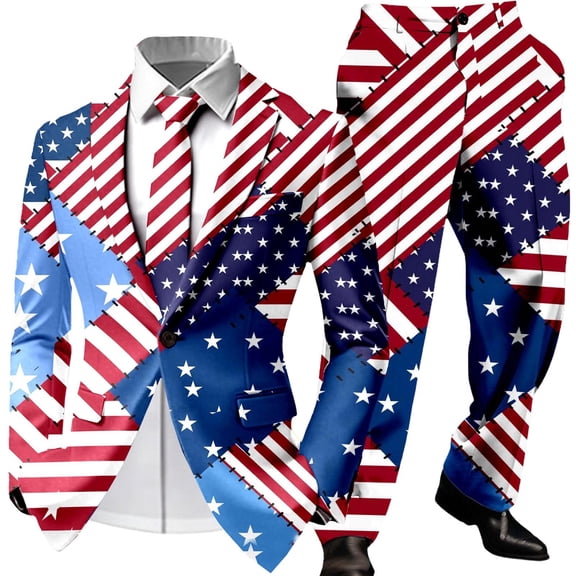 CONZONE Independence Day Mens 2 Peice Suit Set Usa 250Th Anniversary Suits for Men Patriotic Usa Star Striped Long Sleeve Blazer Pants Cozy July 4Th Dress Outfits