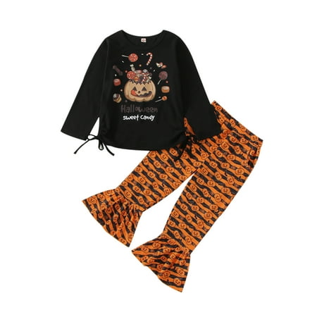 

aturustex Halloween Toddler Girls Pants Set Letters Print T-shirt Tops +Grimace Pumpkin Print Flare Pants