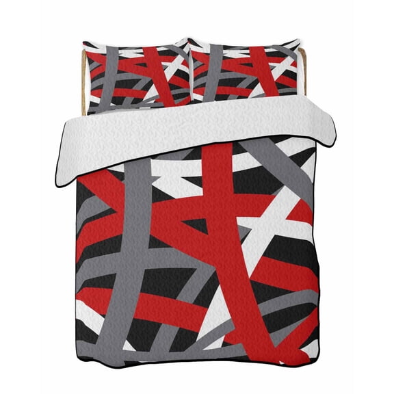 Twin XL Quilt Bedding Set, Red Black Geometric Reversible Summer Quilt 3 Pieces, Modern Art Abstract Grey Line Lightweight Bedspreads Coverlets with 2 Pillow Shams for All Seasons
