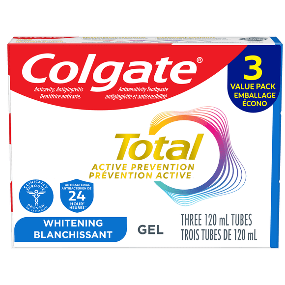 Colgate Total Active Prevention Whitening Toothpaste, Mint Value pack 3x120ml