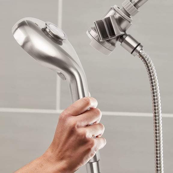 Magnetic Dual Dock Adjustable Height Hand Held Shower Head With 5-Foot Metal Hose and PowerPulse Shower Massage, Brushed Nickel QMP-869ME