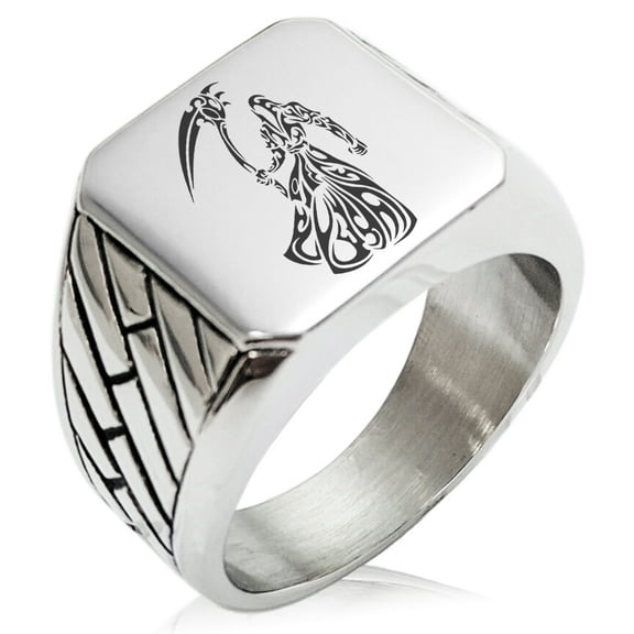 Stainless Steel Harbinger Grim Reaper Geometric Pattern Biker Style Polished Ring