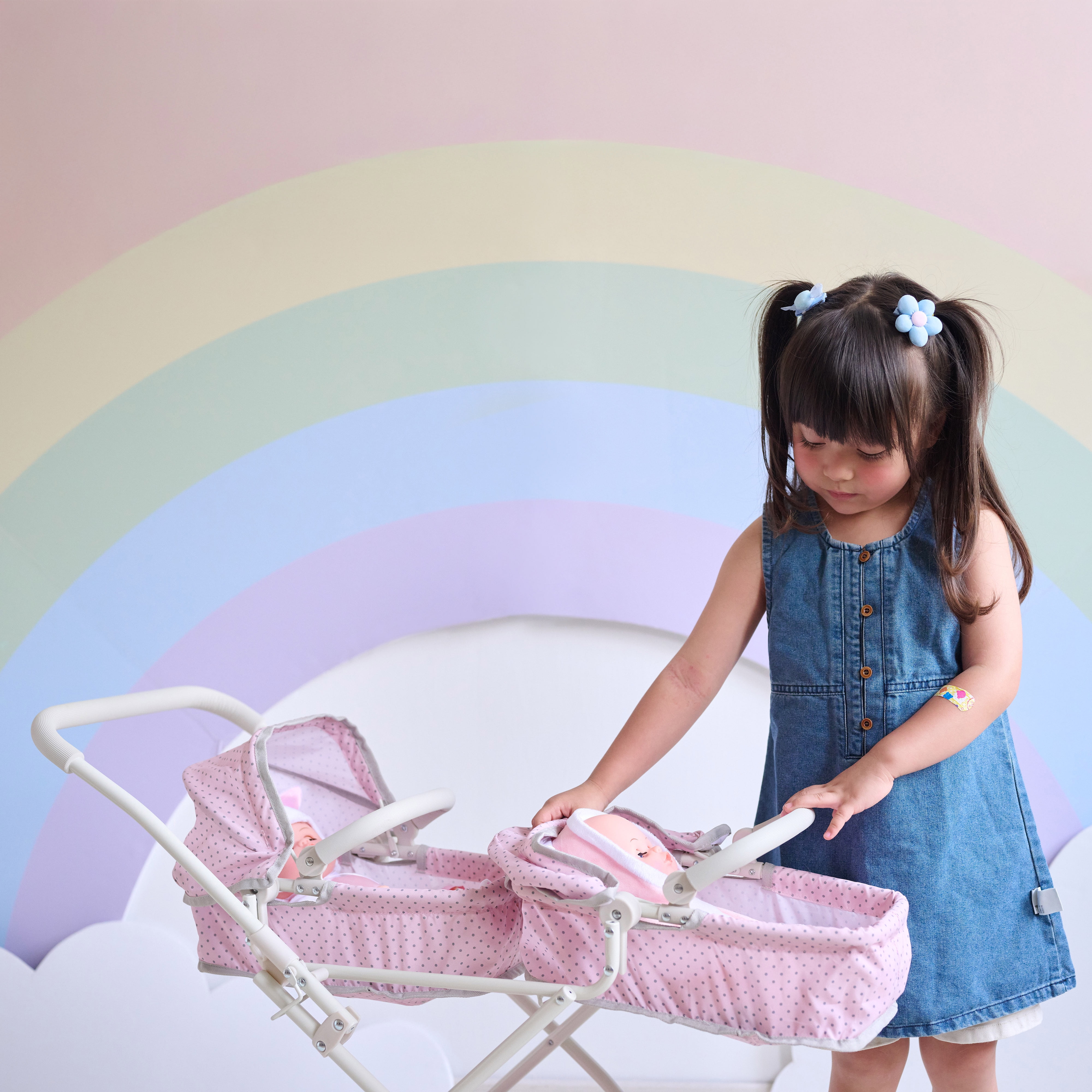 Olivia's Little World Polka Dot Princess Baby Doll Twin Bassinet Stroller with Retractable Canopy & Storage, Pink/Gray