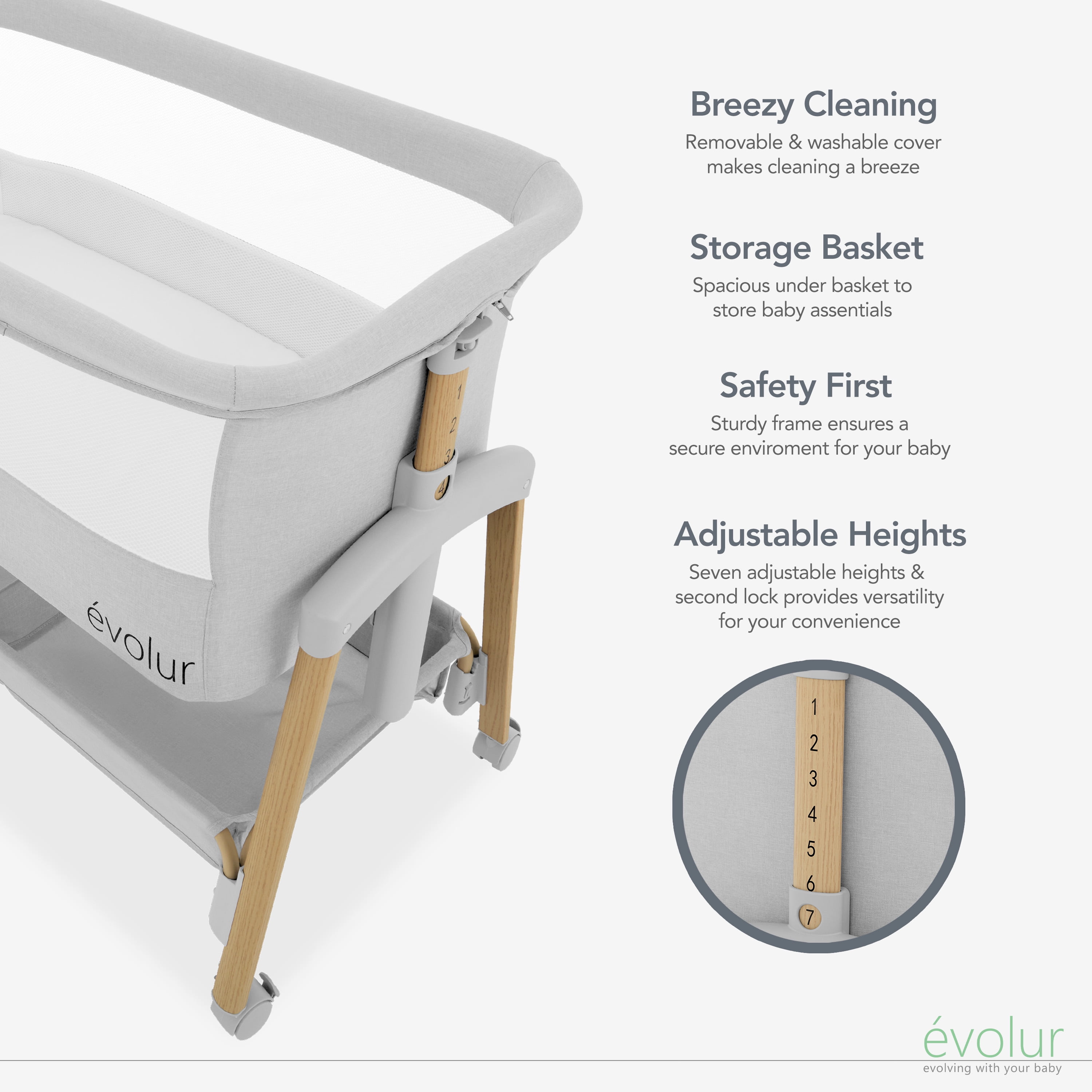Evolur Lullaby Portable Bassinet With Wheels, Light Gray