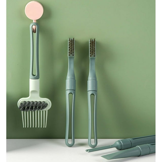 Multifunctional Cleaning Brush Set | Hair Removal, Cushion Massage, Kitchen Stove Scrubber | 5-Piece | Double Head, Straight Shovel, Metal Brushes | Compact, Hangable, Colorful Green