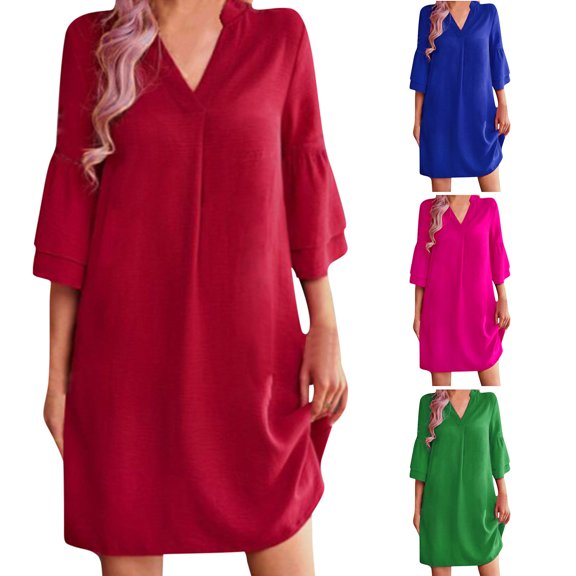 Kmdttou Women's Short Sleeve Loose Plain Dresses Women Casual Summer Solid Color Short Sleeve Dress With Pocket Beach Dresses