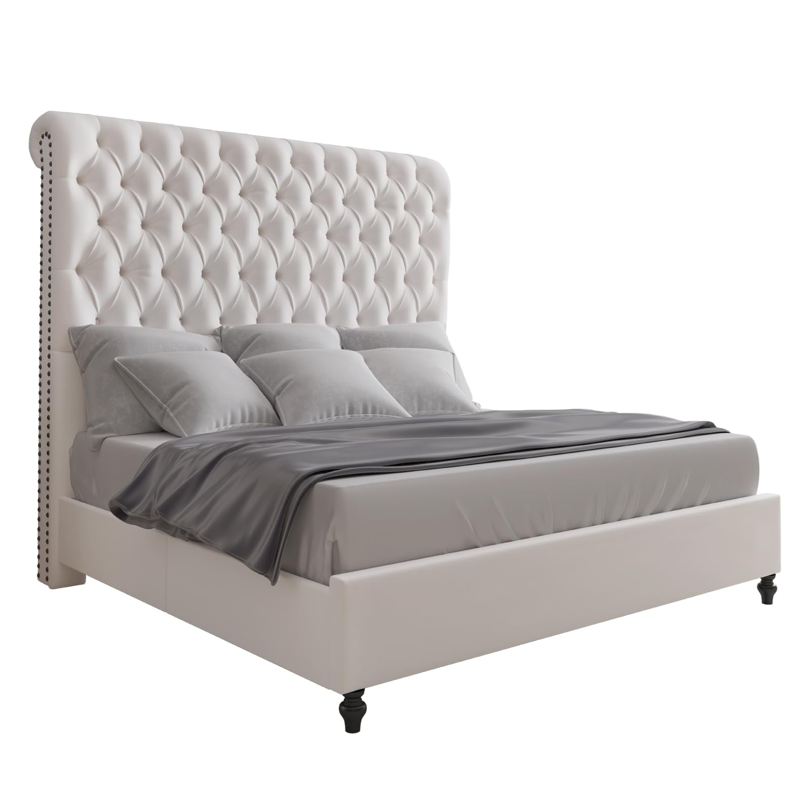 Merluxy King Bed Frame for Adult,60" Sleigh Headbord with Deep Button Tufting,Velvet Cream