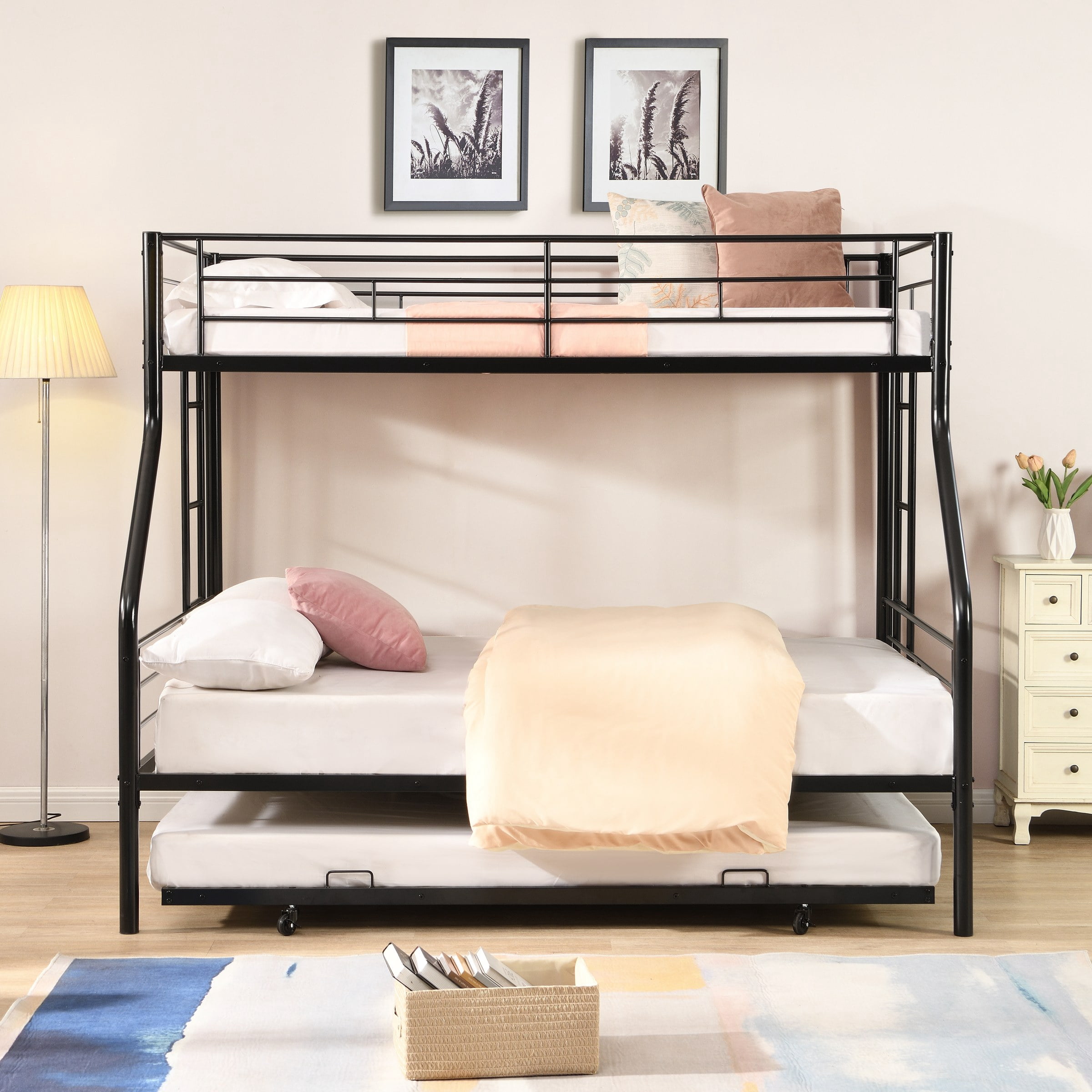 Twin Over Full with trundle Metal Bunk Bed, No Box Spring Needed
