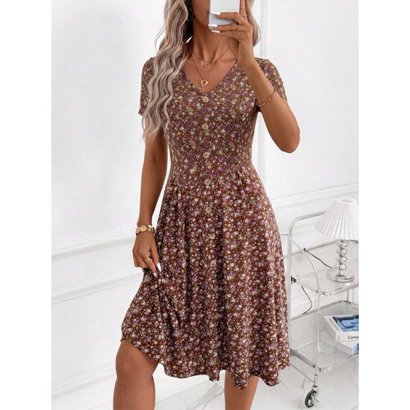 Burgundy V-Neck Short Sleeve Fit & Flare Midi Dress With Gold-Tone Button Front