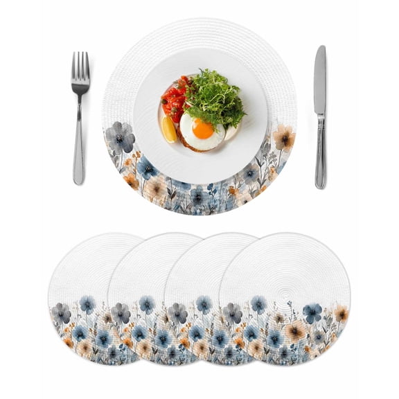 Poppies Floral Round 13 Inch Placemats Set of 4, Spring Botanical Flowers Summer HeatResistant Non Slip Place Mats for Dining Table, Wipeable Braided Kitchen Table Mats for Housewarming