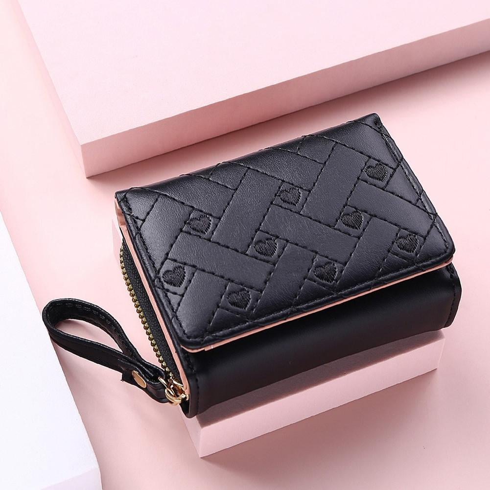 Women's Small Purse, Real Leather Zip Wallet With Coin And Key Pocket For Ladies (Black