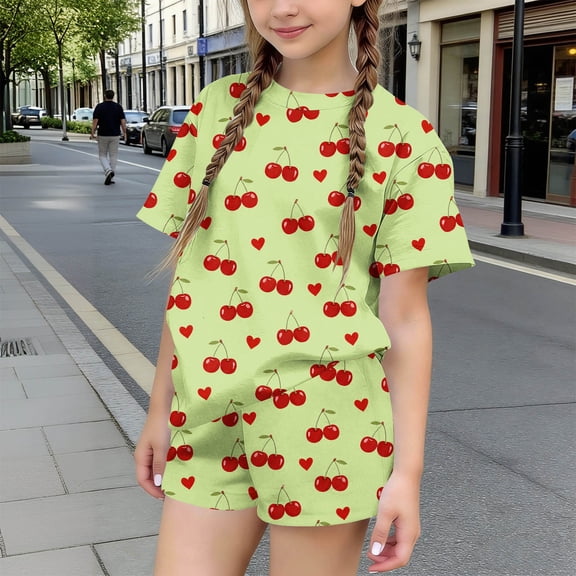 WPPGONE 2 Piece Little Girls All-Over Cherry Graphic Print T-Shirt and Shorts Set Lightweight Breathable Fabric Short Sleeve Summer Outfits Trendy Casual Playwear Clothes