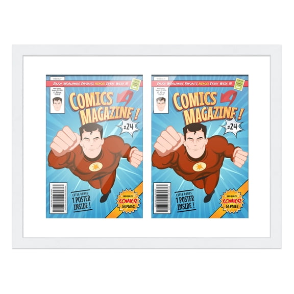 Comic Book Frame Wall Display with Mat for 2 Golden Age Comics Published Between 1938 and 1956 - White Comic Frame for 7.75x10.5 Comics