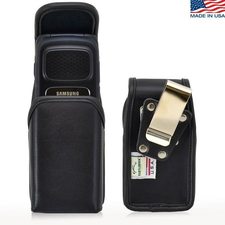 Samsung 4 Flip Phone Cases Turtleback Holster Compatible with Samsung Rugby 4, Flip Phone Pouch Case, Magnetic Closure (Black Leather / Rotating Clip) - Made in USA ()