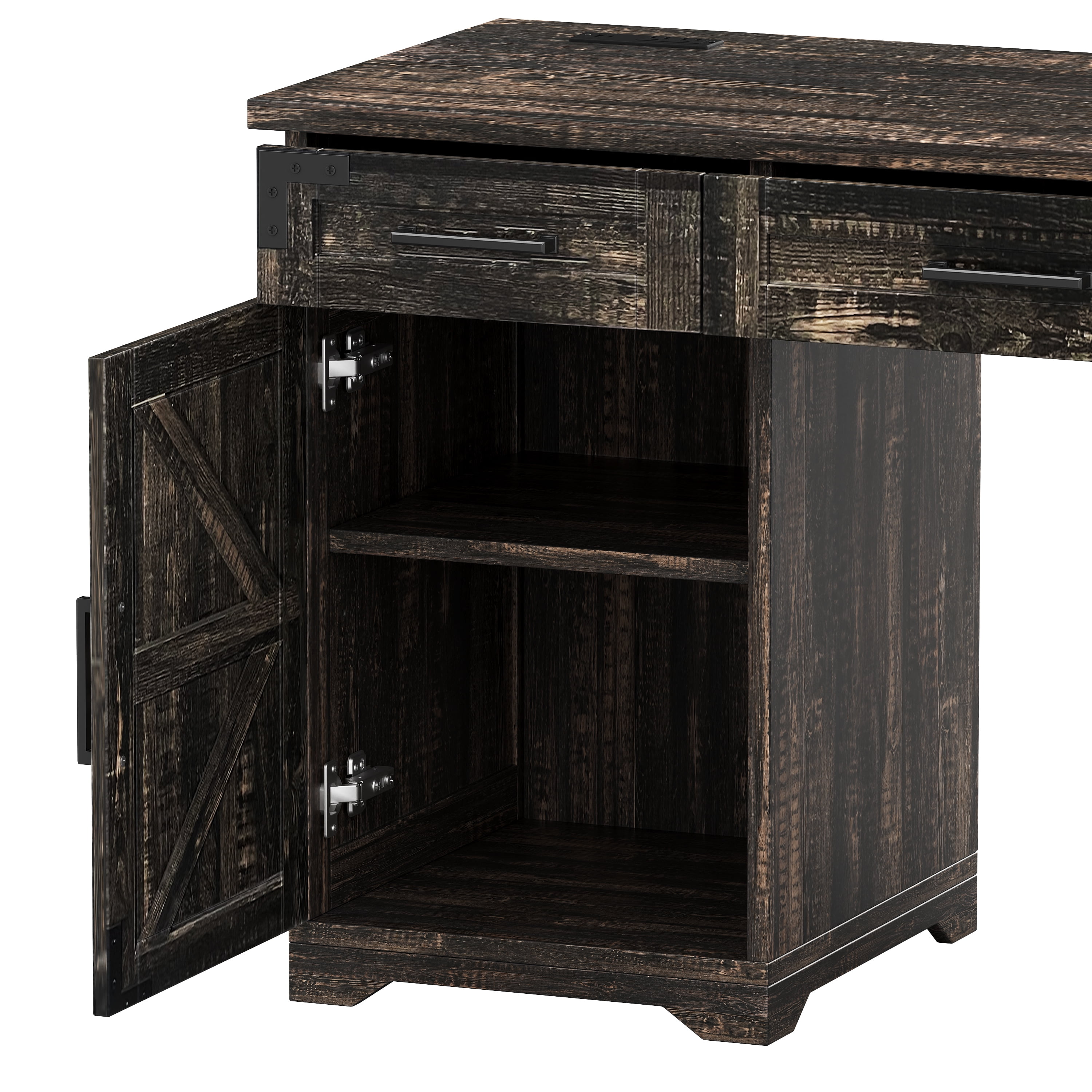 Euroco 55" Executive Desk with Charging Station & 5 Drawers, Farmhouse Computer Desk with File Drawer & Cabinet,Wooden Home Office Desk for Work Study,Gray