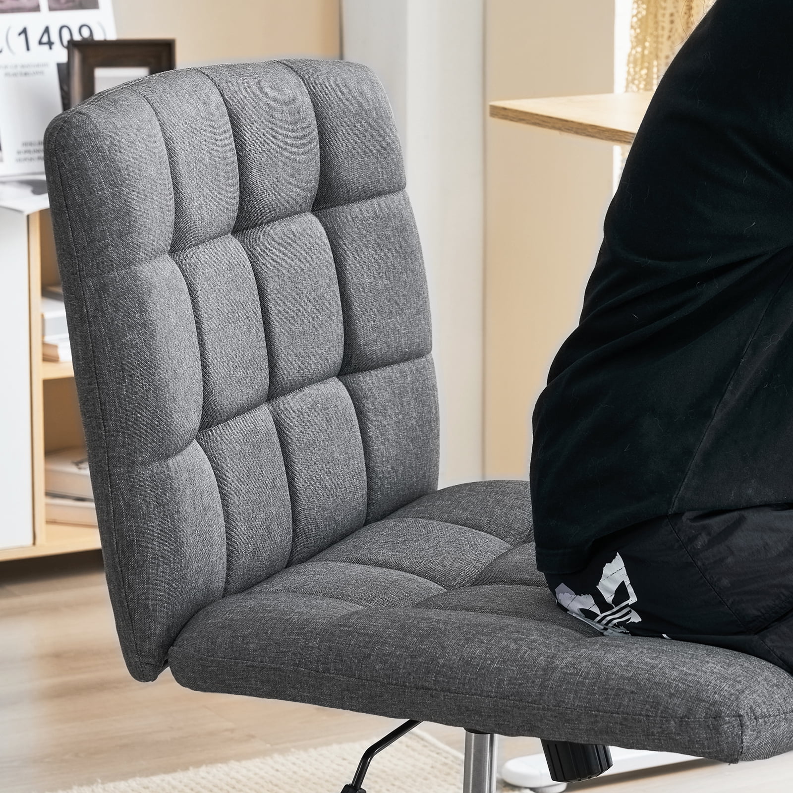 Fumahaus Modern Armless Home Office Chair Wide Desk Chair with Wheels Adjustable Swivel Task Chair for Home Office, Bedroom. Linen-DarkGrey