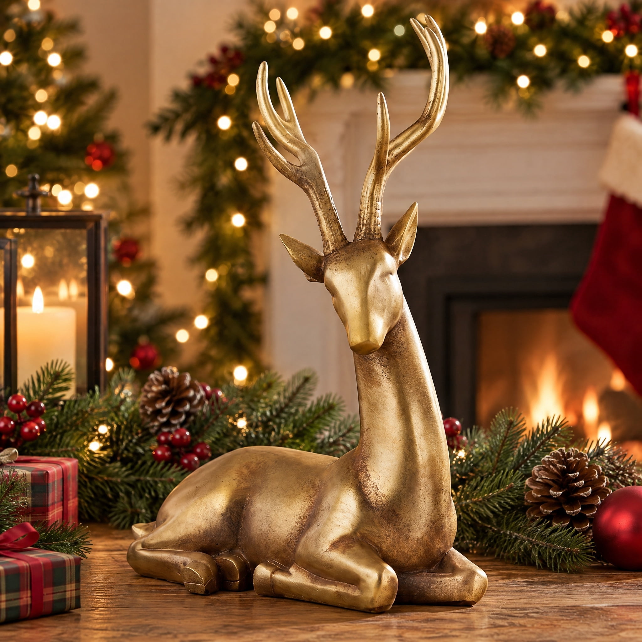 My Texas House Sitting Deer Christmas Decoration, Gold, 11"