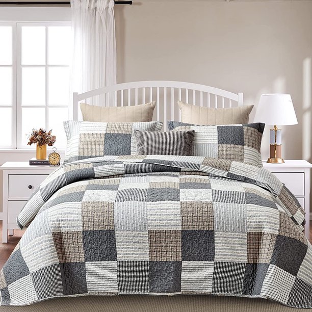 Twin Size Quilt Set, 100 Cotton Bedspread Twin Size, Farmhouse Plaid Twin Bed Quilt, Grey White