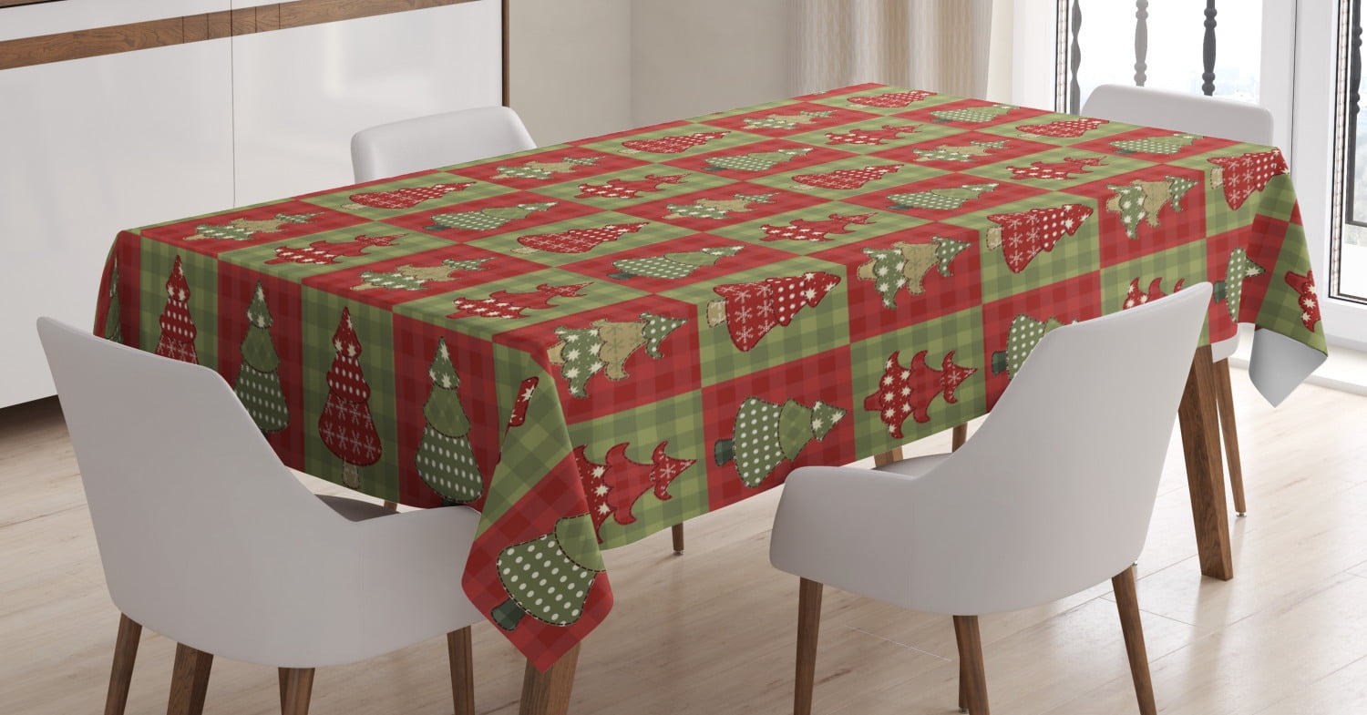 Christmas Tablecloth, Different Styled Noel Trees on Checkered Squares