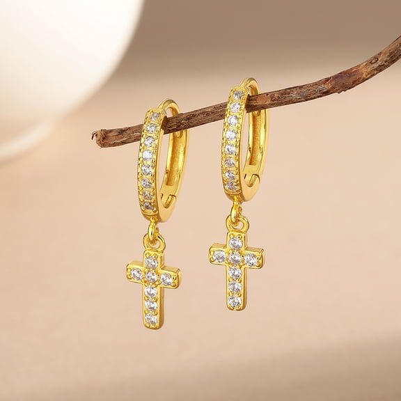 Miora 14K Gold Plated Cross Huggie Hoop Earrings for Women, Cubic Zirconia Inlaid Minimalist Religious Faith Jewelry Gift