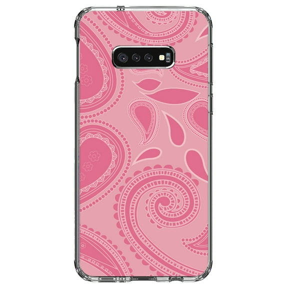 DistinctInk Clear Shockproof Hybrid Case for Samsung Galaxy S10e (5.8" Screen) - TPU Bumper, Acrylic Back, Tempered Glass Screen Protector - Big Pink Paisley