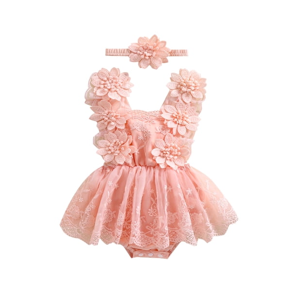 Conjunto de verano para bebé niña, pelele de malla con bordado floral y diadema con lazo, 2 piezas.