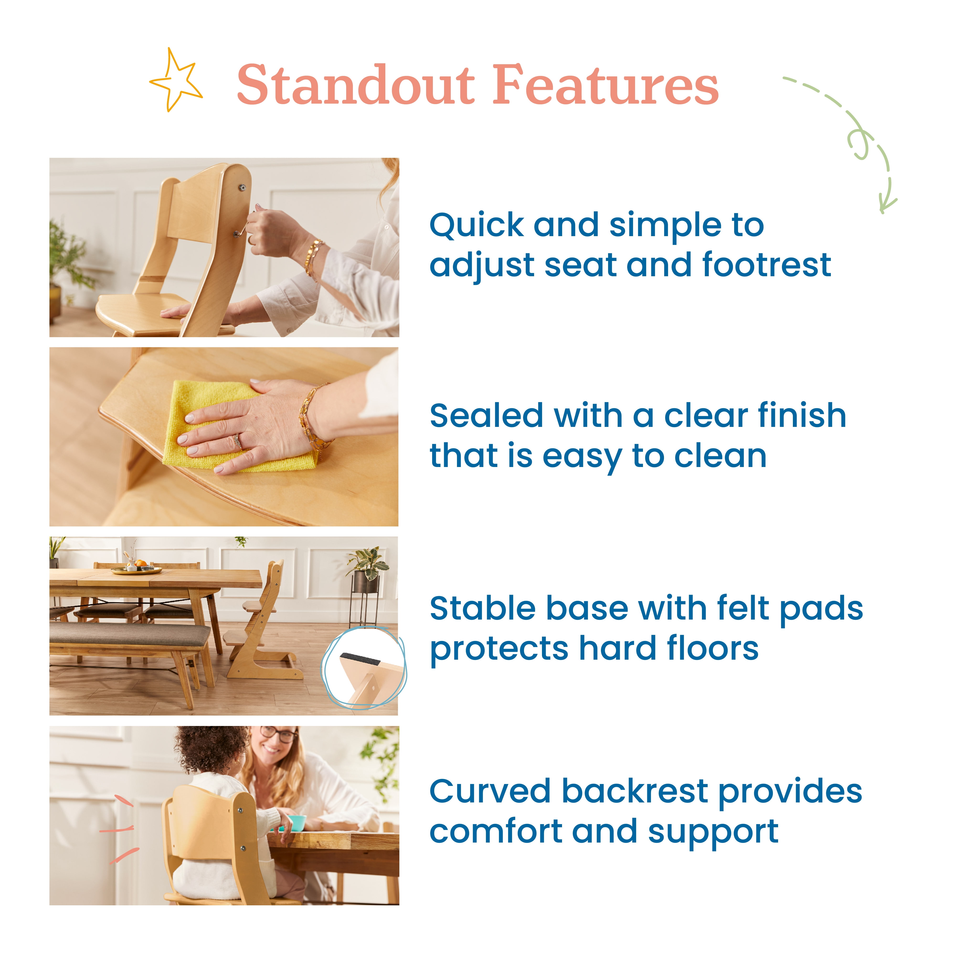 ECR4Kids Wooden Adjustable Grows with Me Transitional Chair, Montessori Furniture, Natural