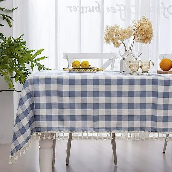 XmhyTop-A Checkered Rectangle Tablecloth, Heavy Weight Wrinkle Free Cotton Linen Table Cloth Plaid Table Cover for Spring Summer Picnic Kitchen Dinner Restaurant Outdoor Party（55x84,Blue