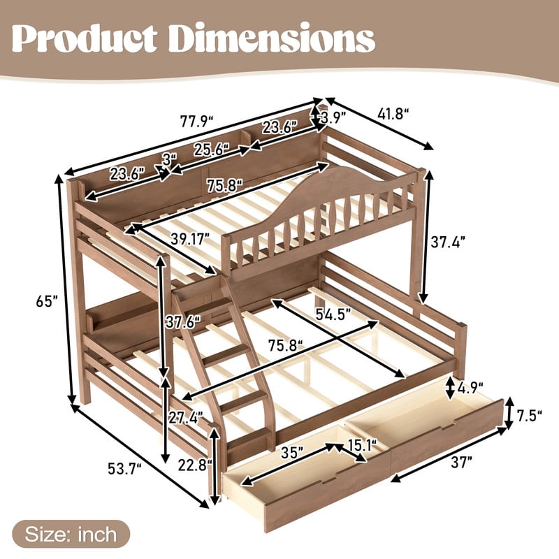 Twin-Over-Full Wood Bunk Bed with Curved Guardrail & Ladder, Chic Kids Storage Bed Frame with Drawers & Bedside Shelves