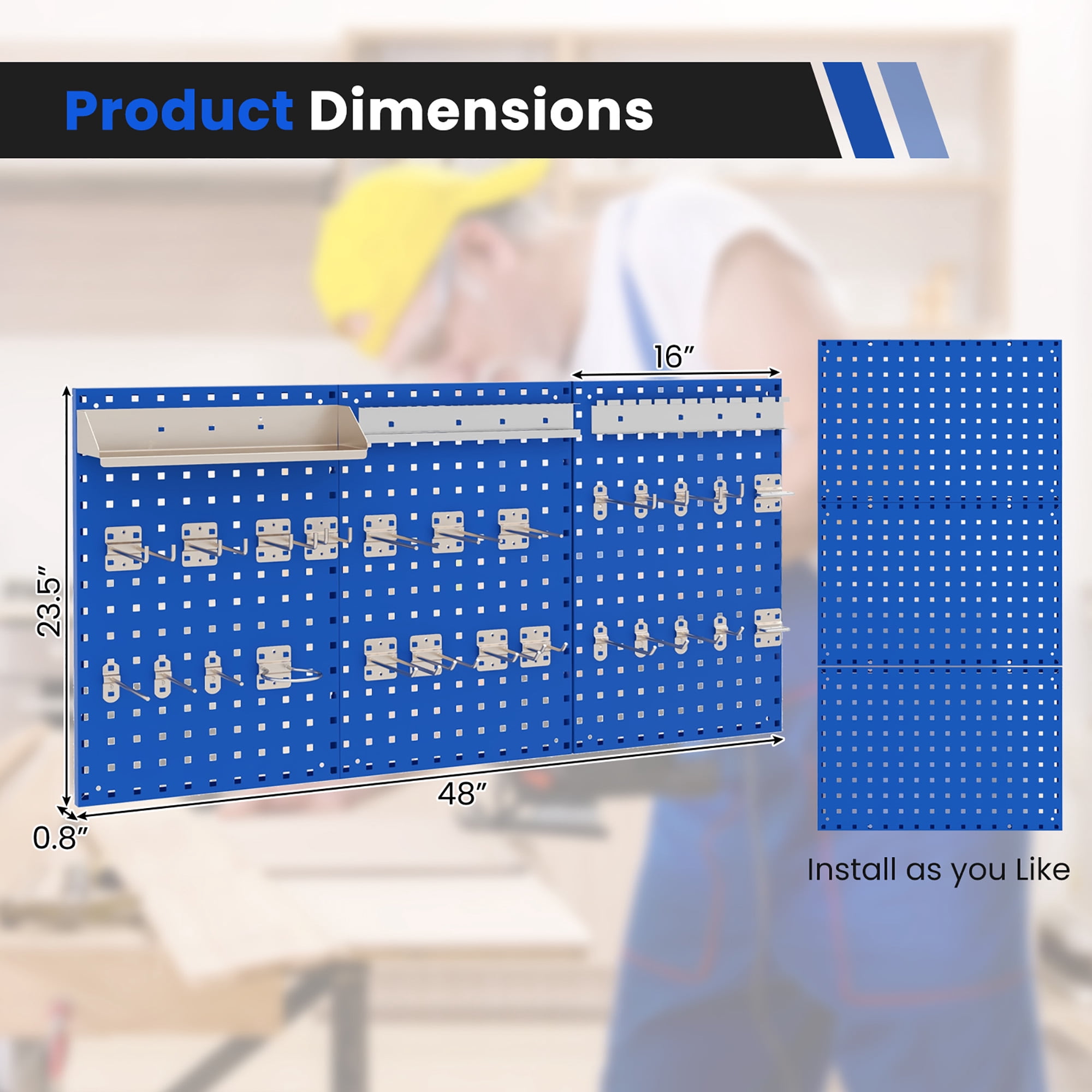 Gymax 3 Pcs Pegboard Wall Organizer w/ 25 Hooks Drill Bit Holder Screwdriver Holder Navy