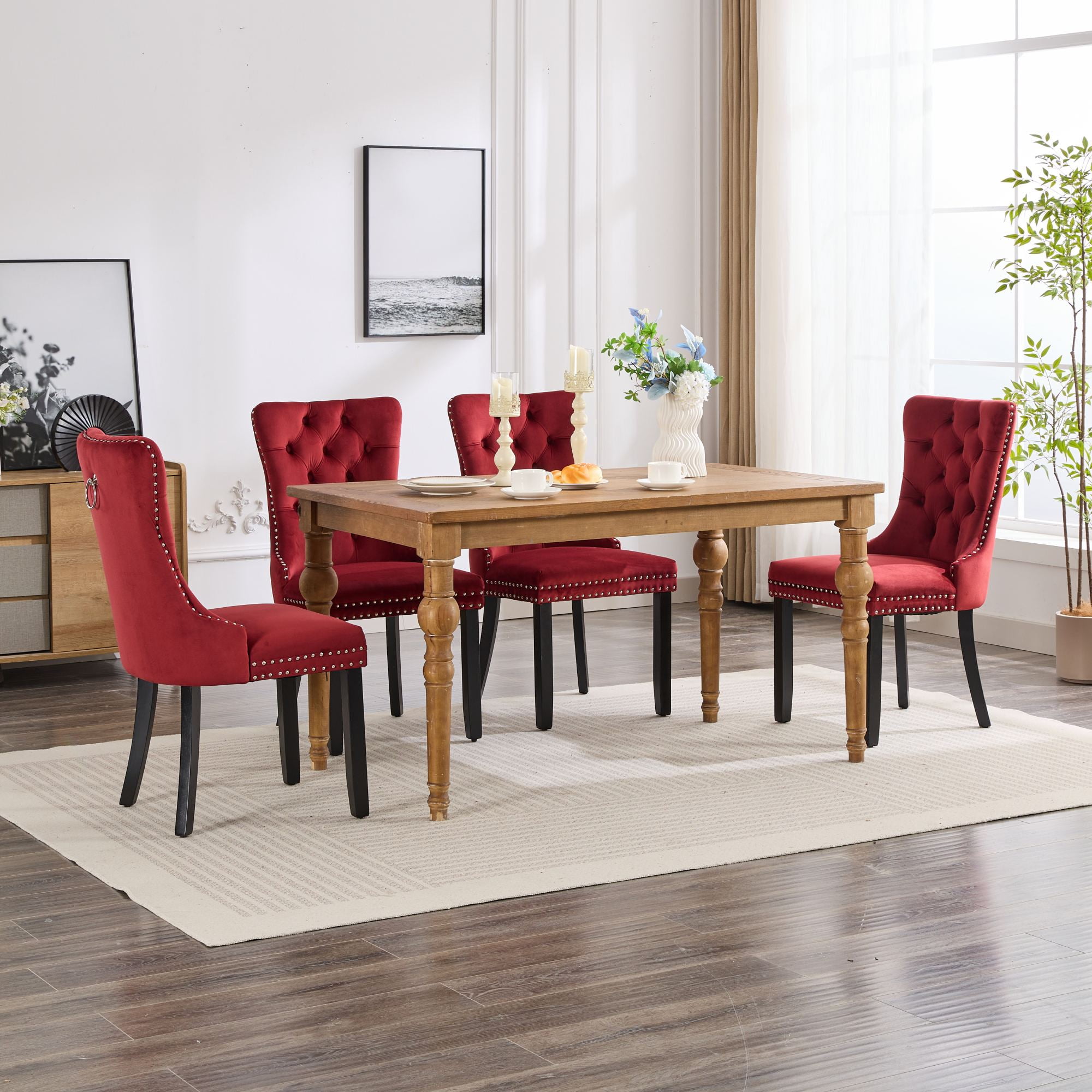 Leumius Dining Chairs Set of 2, Velvet Upholstered Kitchen Side Chairs with Ring Pull Trim and Button Back, Solid Wood Luxury Dining Room Chair for Living Room, Bedroom, Kitchen, Burgundy
