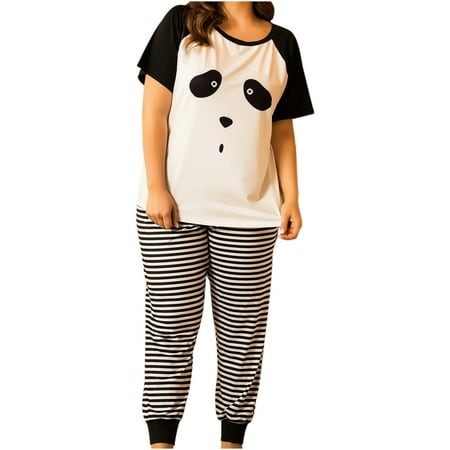 

MIARHB Women s Plus Size 2 Piece Home Service Suit Cute Print Pajamas White XL