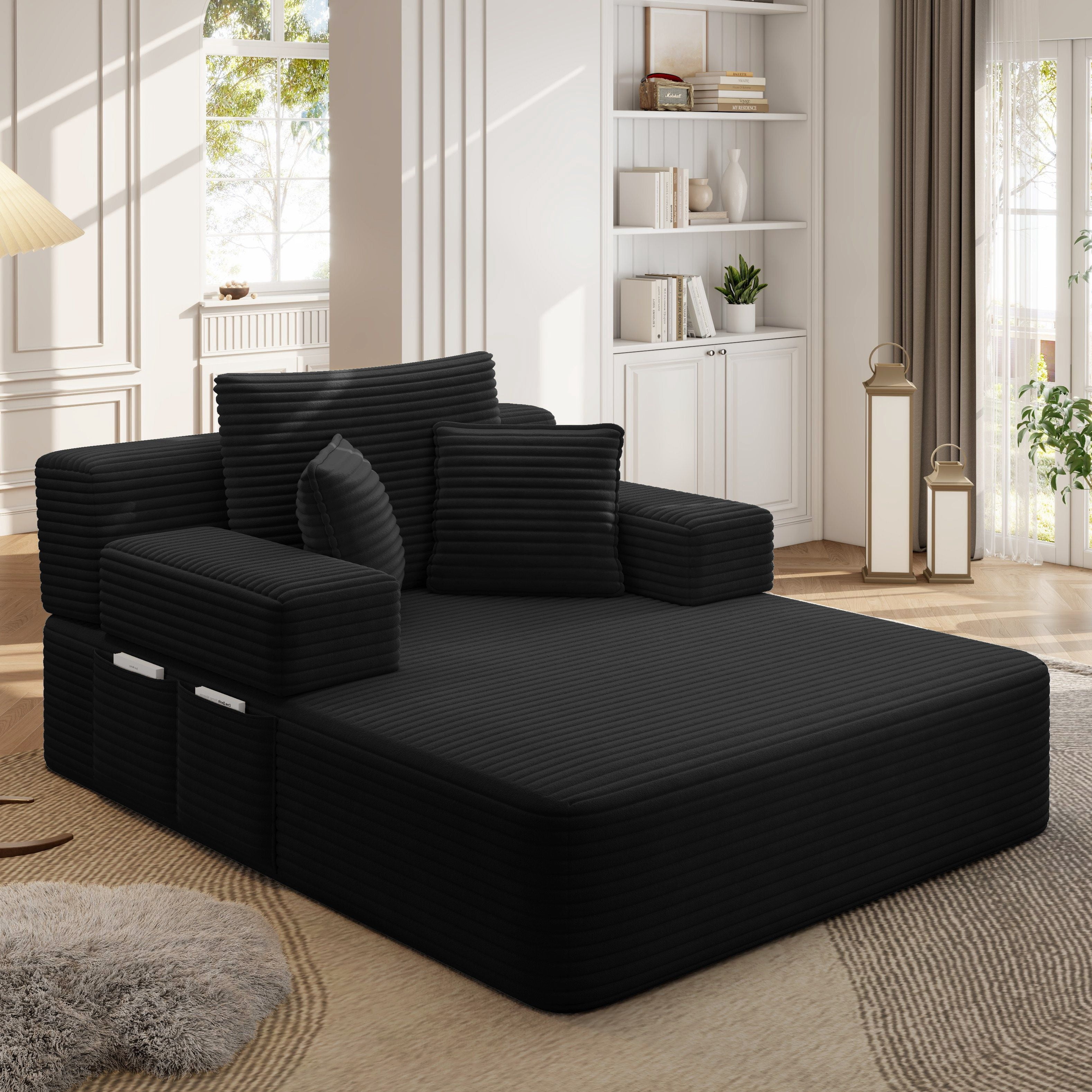 Alvantor Oversized Corduroy Convertible Chaise Lounge Sofa Bed, Black