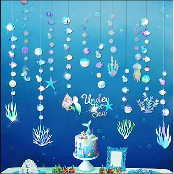 12 Strings Iridescent Under The Sea Party Decorations Ocean Beach Kids  Birthday Garlands Girls Boys Bday Decor Hanging Seaweed Starfish Bubbles  Streamer Banner Backdrop KSCD Party Supplies - - 