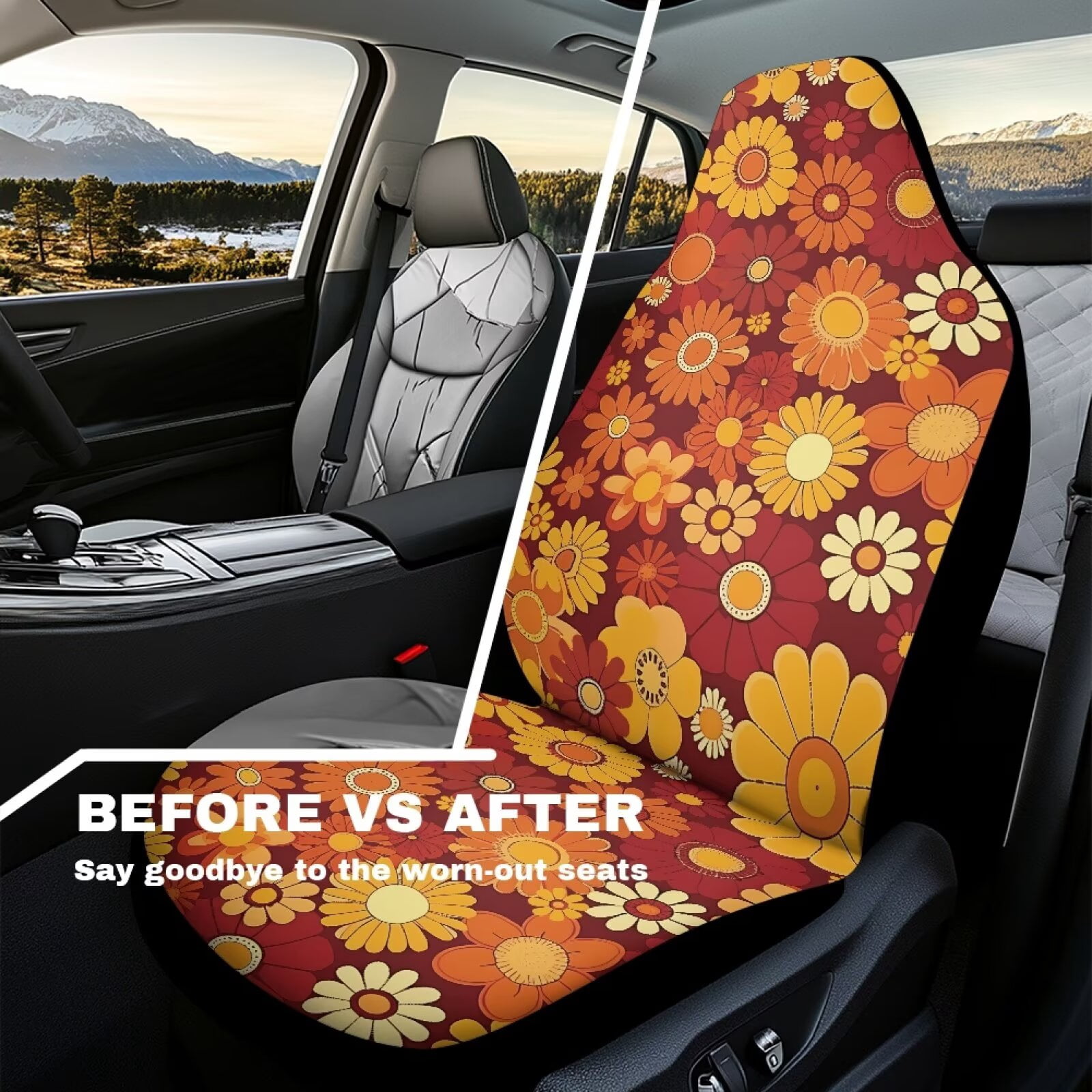 Uorisanigo Car Accessories Car Front Seat Covers Aesthetic Flowers Print Stretch Polyester Fabric Cover Protection Interior Accessories Universal Size Fit for Most Cars SUVs Trucks Vans
