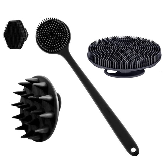 silicone body brush - 1 long-handled back cleaning brush, short bath brush, hair washing brush and face washing brush, cleaning tools.