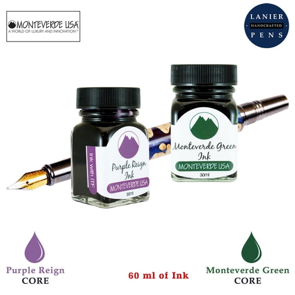 Monteverde 60ml Core Fountain Pen Ink Bottle (30ml Purple Reign Ink Bottle G309PR, 30ml Monteverde Green Ink Bottle G309MG)