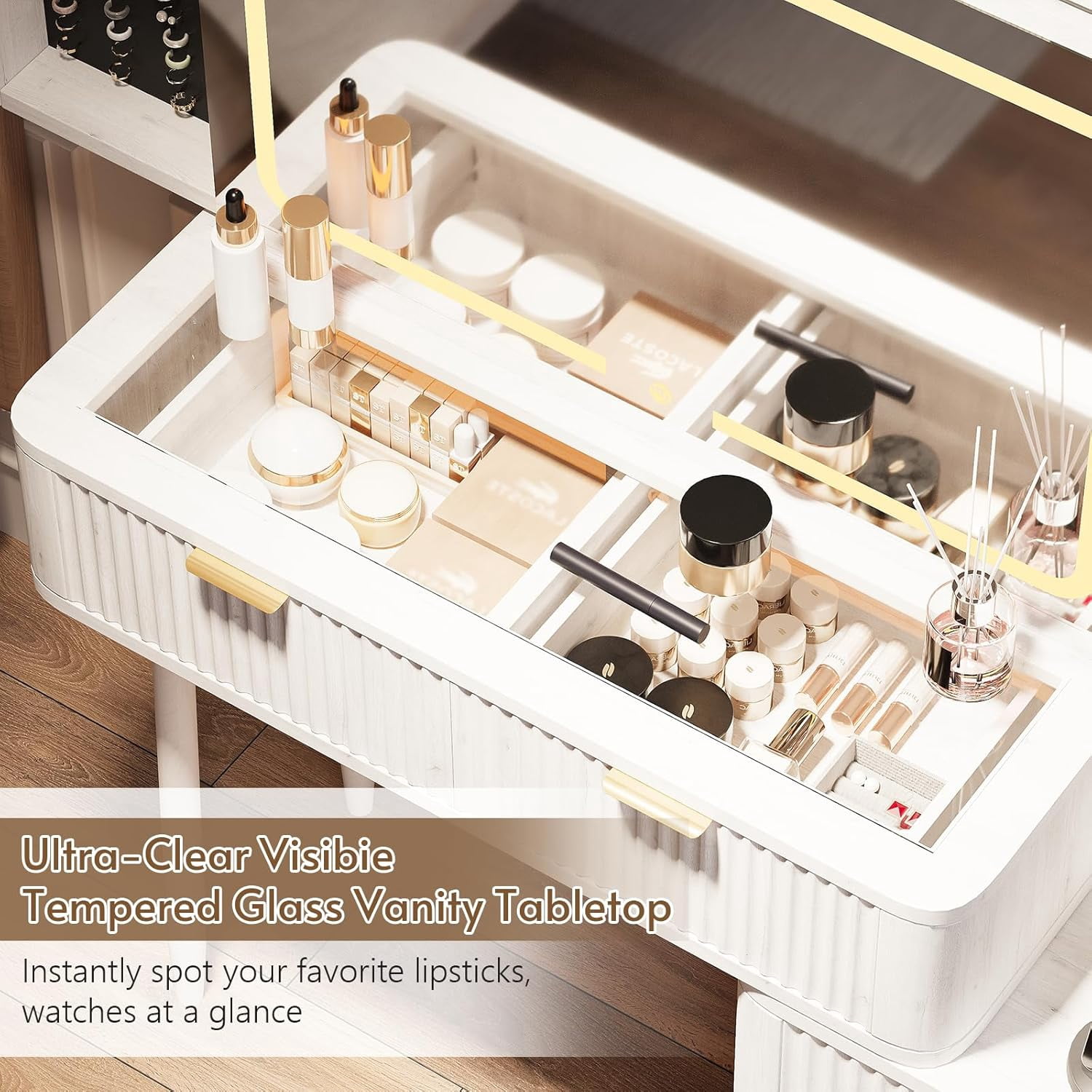 LAZZO 48" Wood Vanity with Glass Top, 3-Color Lights Mirror, Sliding Jewelry Organizer & Charging Station, White