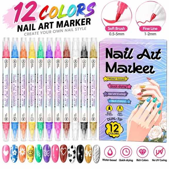 12 Colors Dual-Tip Nail Art Pens,Fine Liner & Soft Brush Nail Markers, Dual Tips for Detail & Color, DIY Nail Design Tools